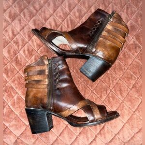 Freebird by Steven Peru Open Toe Leather booties -distressed brown leather